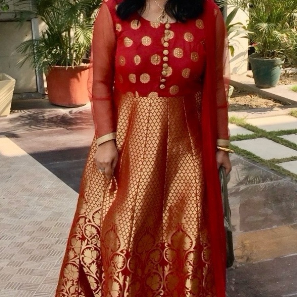 Elegant Red and Gold Long Sleeve Anarkali suit Indian wedding outfit